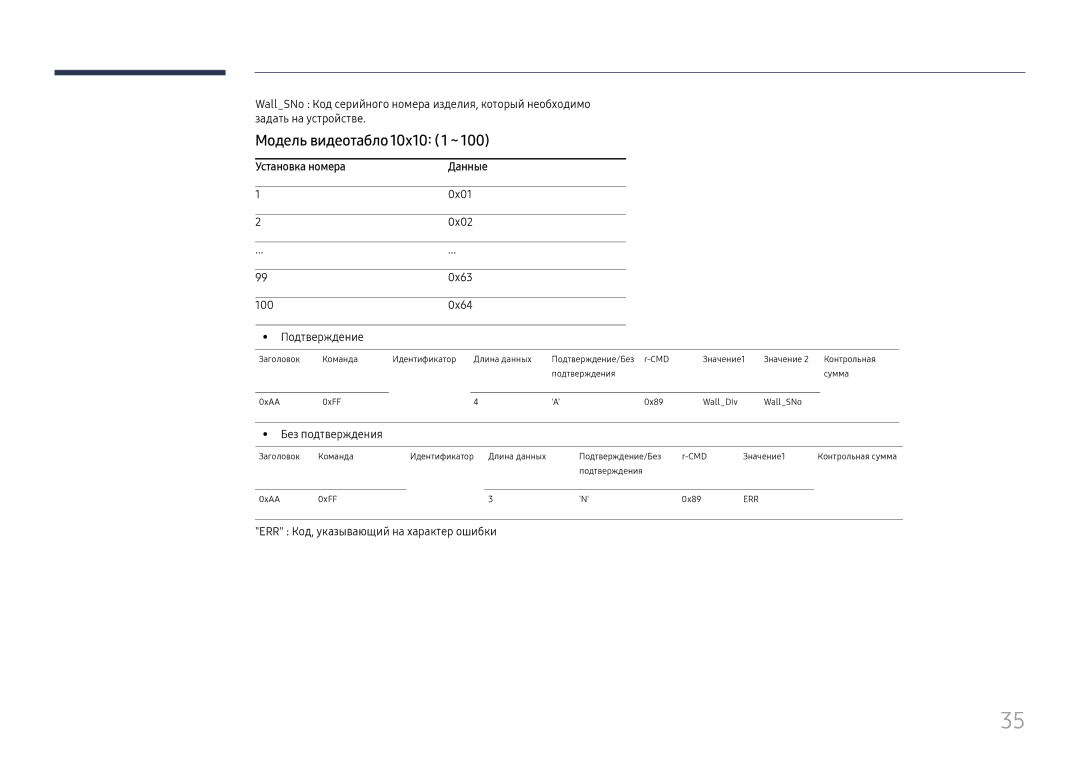 Samsung LH55UMHHLBB/EN manual Модель видеотабло10x10 1 ~100, Установка номера, 0x01, 0x02, 100 0x64 Подтверждение 