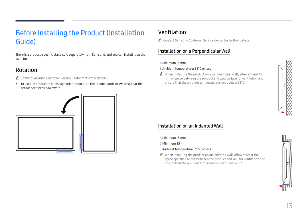 Samsung LH55WMHPTWC/XY, LH55WMHPTWC/EN manual Before Installing the Product Installation Guide, Rotation, Ventilation 