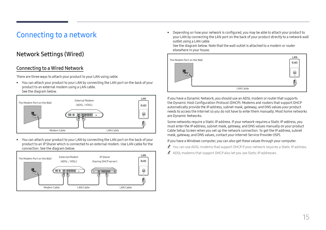 Samsung LH55WMHPTWC/CH, LH55WMHPTWC/EN manual Connecting to a network, Network Settings Wired, Connecting to a Wired Network 