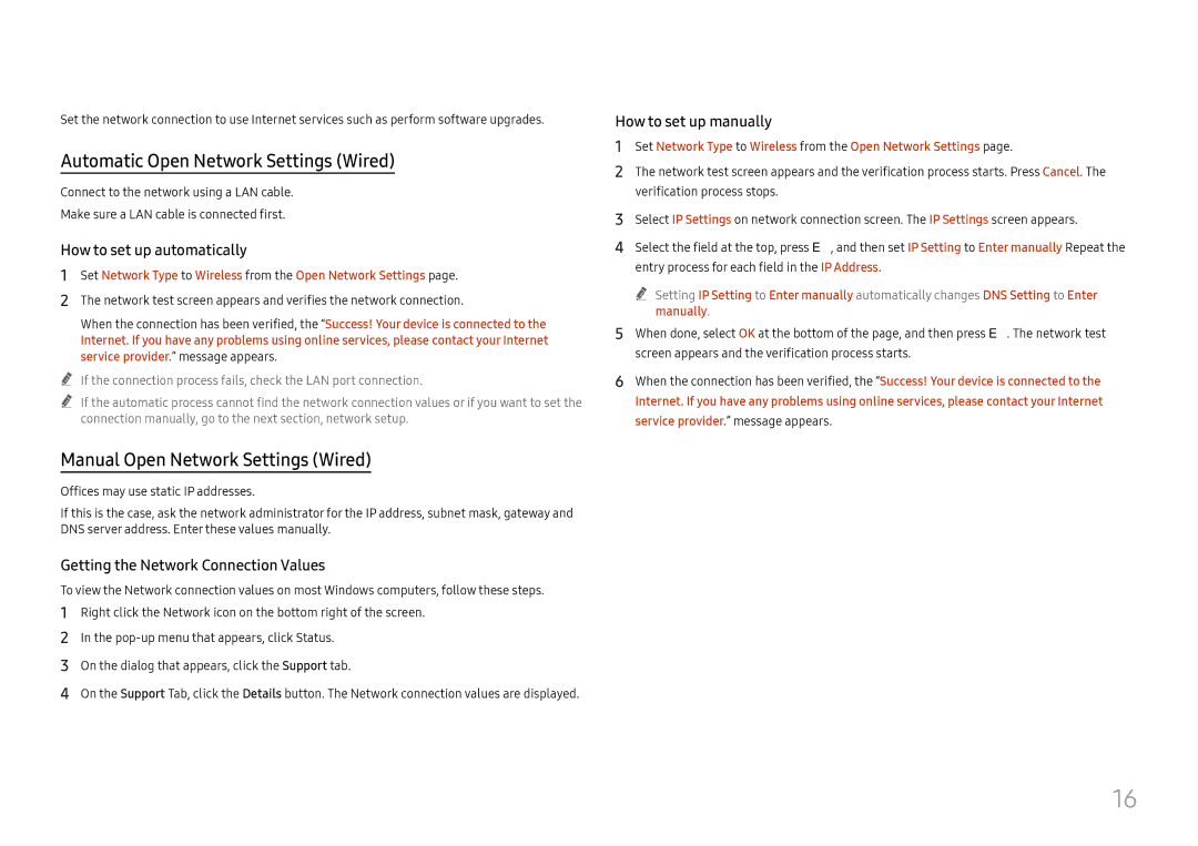 Samsung LH55WMHPTWC/EN Automatic Open Network Settings Wired, Manual Open Network Settings Wired, How to set up manually 