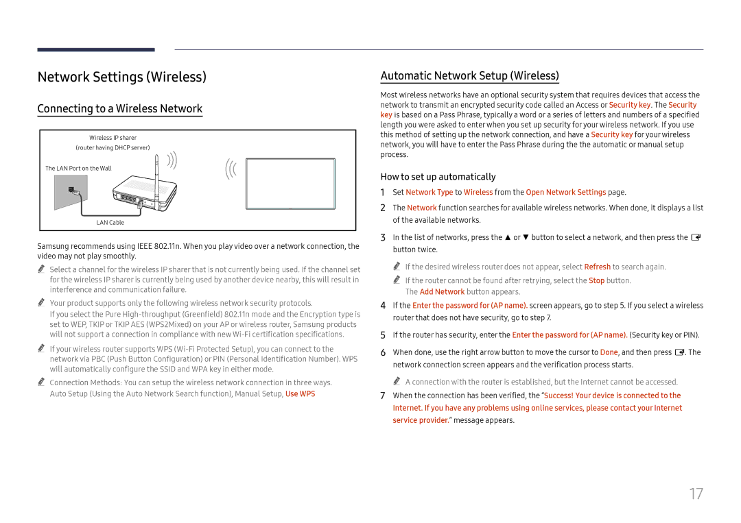 Samsung LH55WMHPTWC/XY manual Network Settings Wireless, Connecting to a Wireless Network, Automatic Network Setup Wireless 