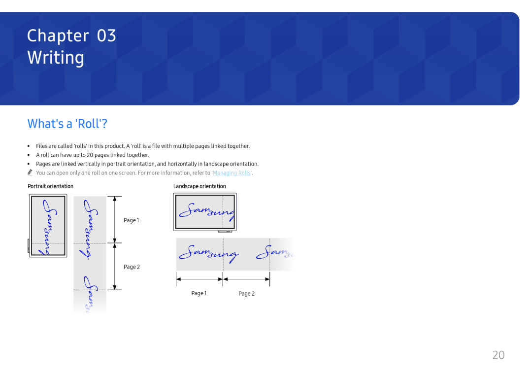 Samsung LH55WMHPTWC/EN, LH55WMHPTWC/XY, LH55WMHPTWC/XV, LH55WMHPTWC/CH manual Writing, Whats a Roll?, Portrait orientation 