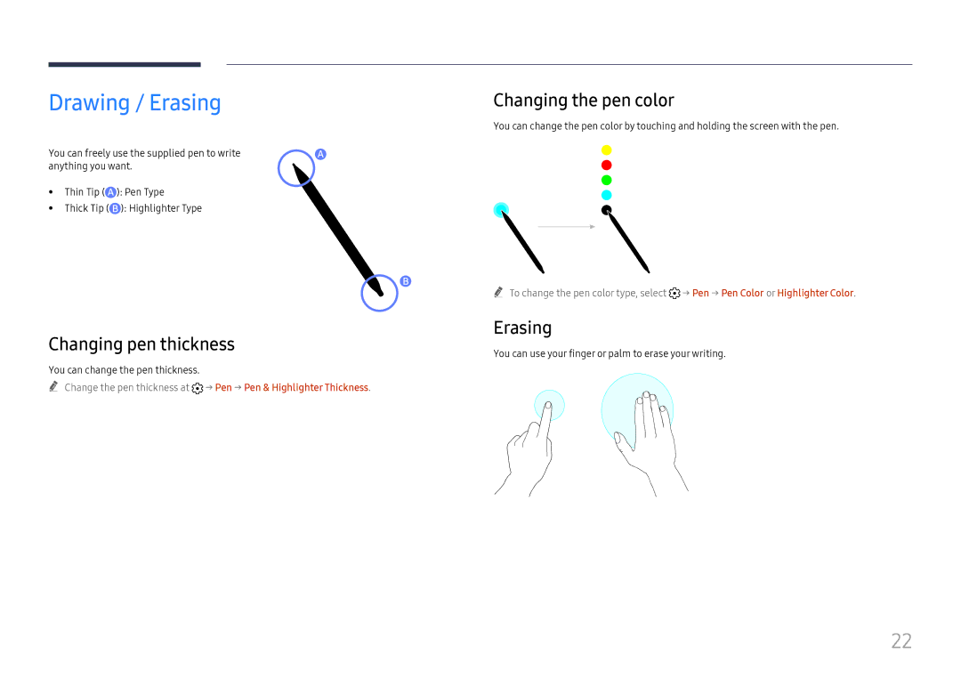 Samsung LH55WMHPTWC/XV, LH55WMHPTWC/EN, LH55WMHPTWC/XY Drawing / Erasing, Changing pen thickness, Changing the pen color 