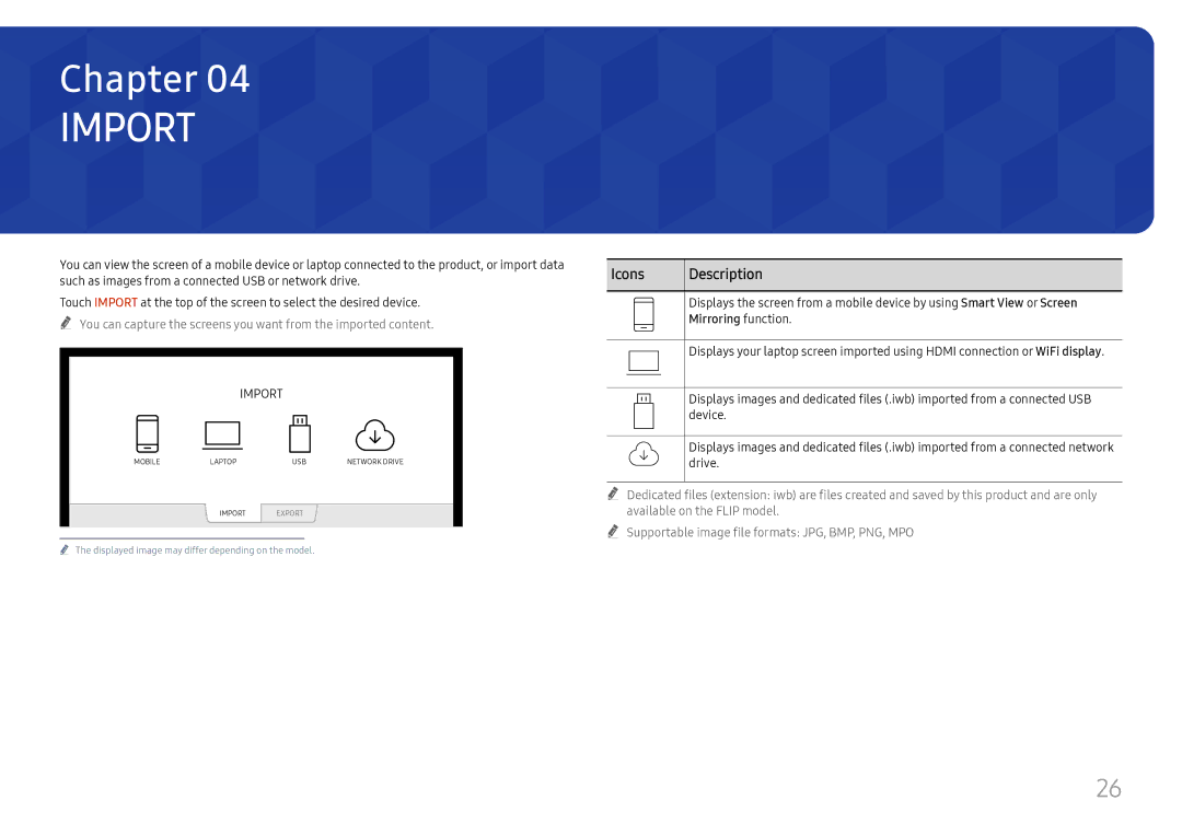 Samsung LH55WMHPTWC/XV, LH55WMHPTWC/EN, LH55WMHPTWC/XY, LH55WMHPTWC/CH manual Icons Description, Mirroring function 