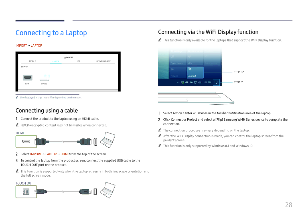 Samsung LH55WMHPTWC/EN manual Connecting to a Laptop, Connecting using a cable, Connecting via the WiFi Display function 