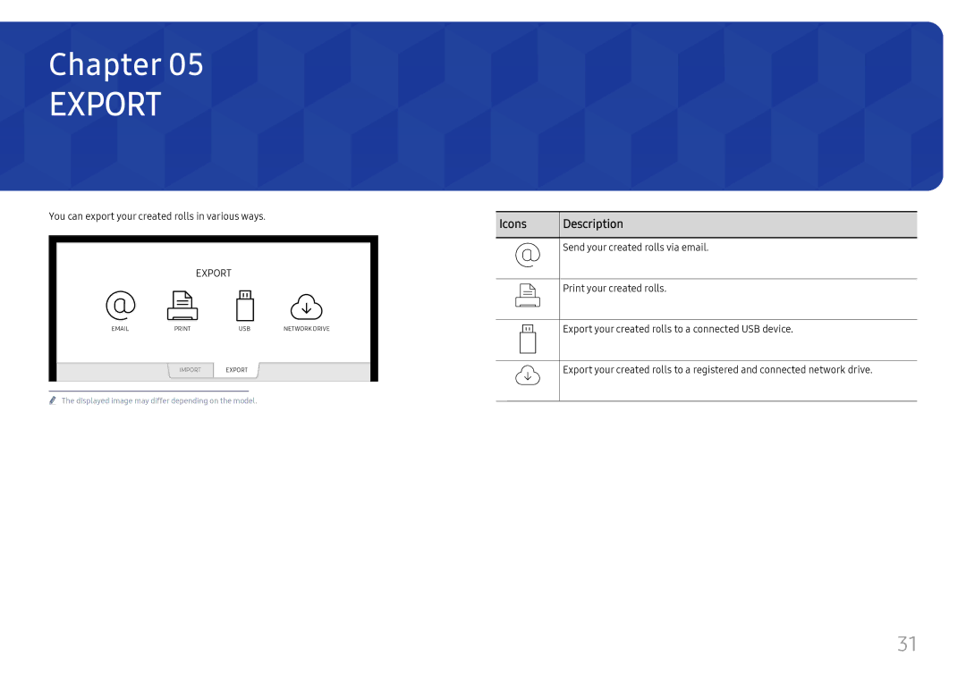 Samsung LH55WMHPTWC/CH, LH55WMHPTWC/EN, LH55WMHPTWC/XY, LH55WMHPTWC/XV manual Export 