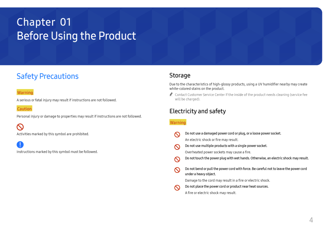 Samsung LH55WMHPTWC/EN, LH55WMHPTWC/XY manual Before Using the Product, Safety Precautions, Storage, Electricity and safety 