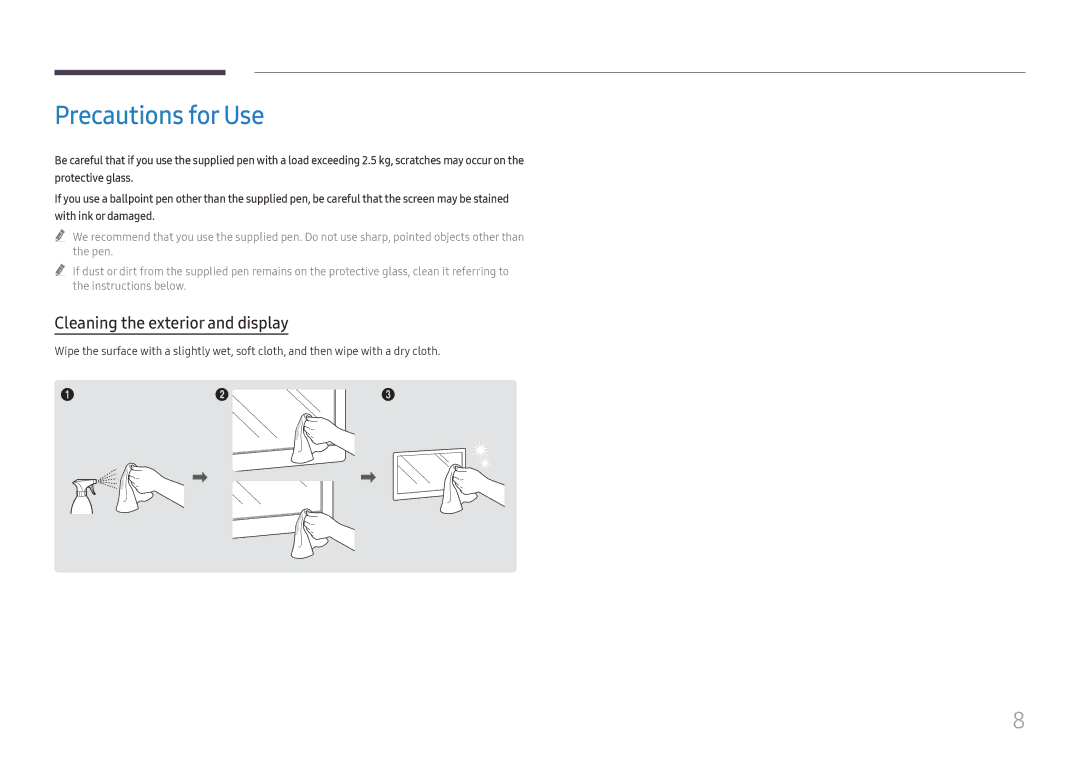 Samsung LH55WMHPTWC/EN, LH55WMHPTWC/XY, LH55WMHPTWC/XV manual Precautions for Use, Cleaning the exterior and display 