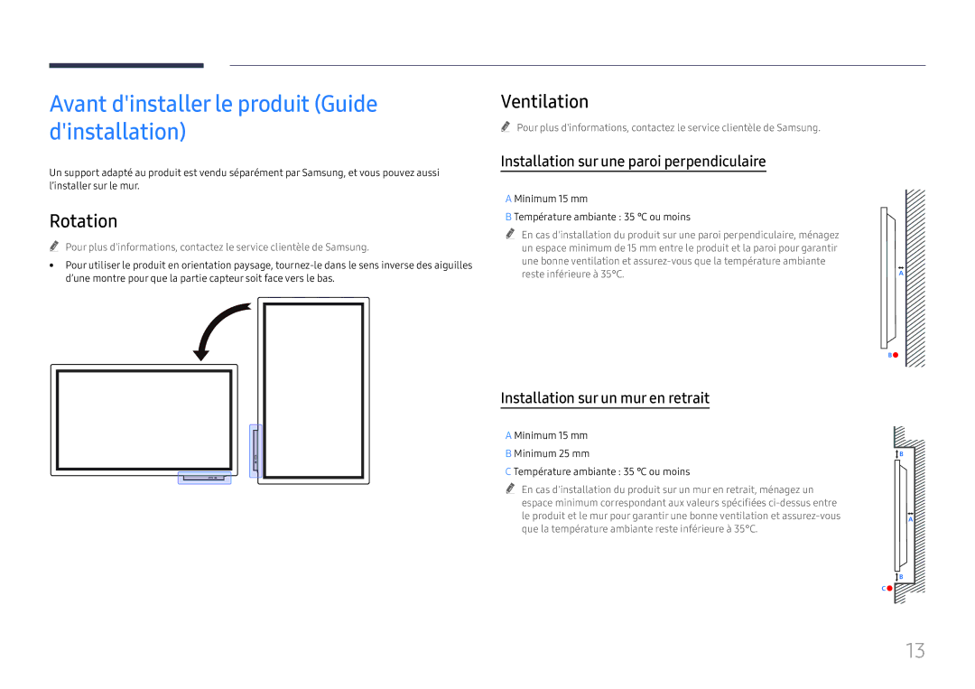 Samsung LH55WMHPTWC/EN manual Avant dinstaller le produit Guide dinstallation, Rotation, Ventilation 