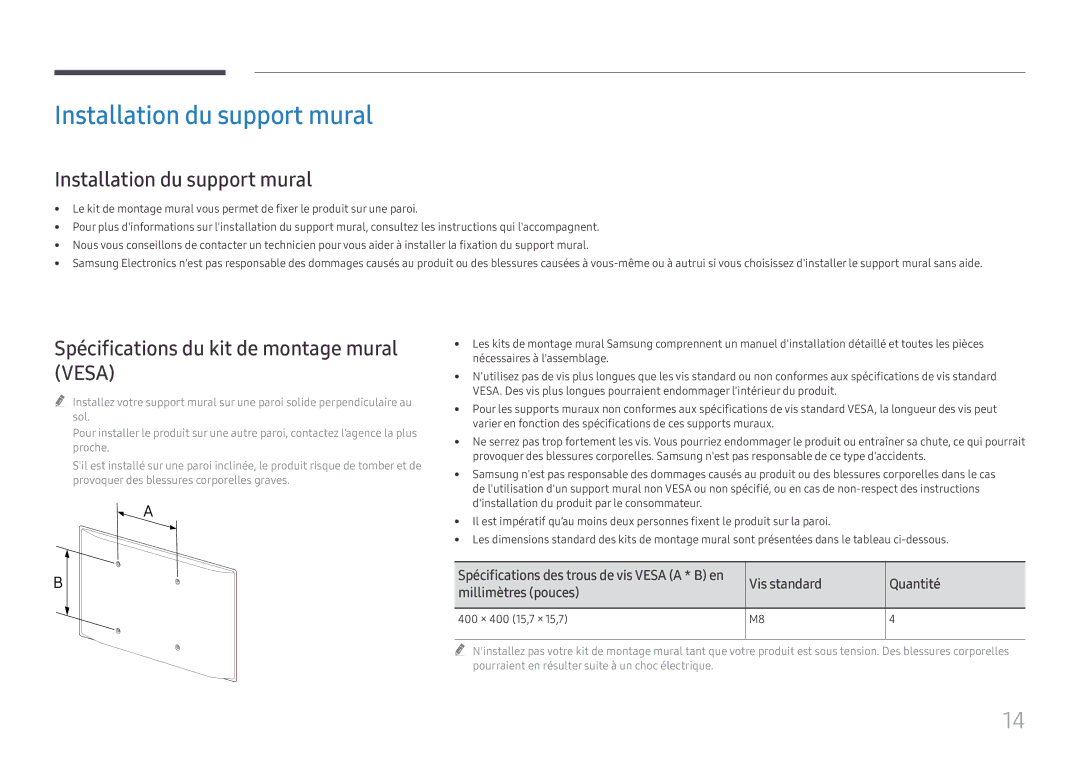 Samsung LH55WMHPTWC/EN Installation du support mural, Spécifications du kit de montage mural Vesa, 400 × 400 15,7 × 15,7 