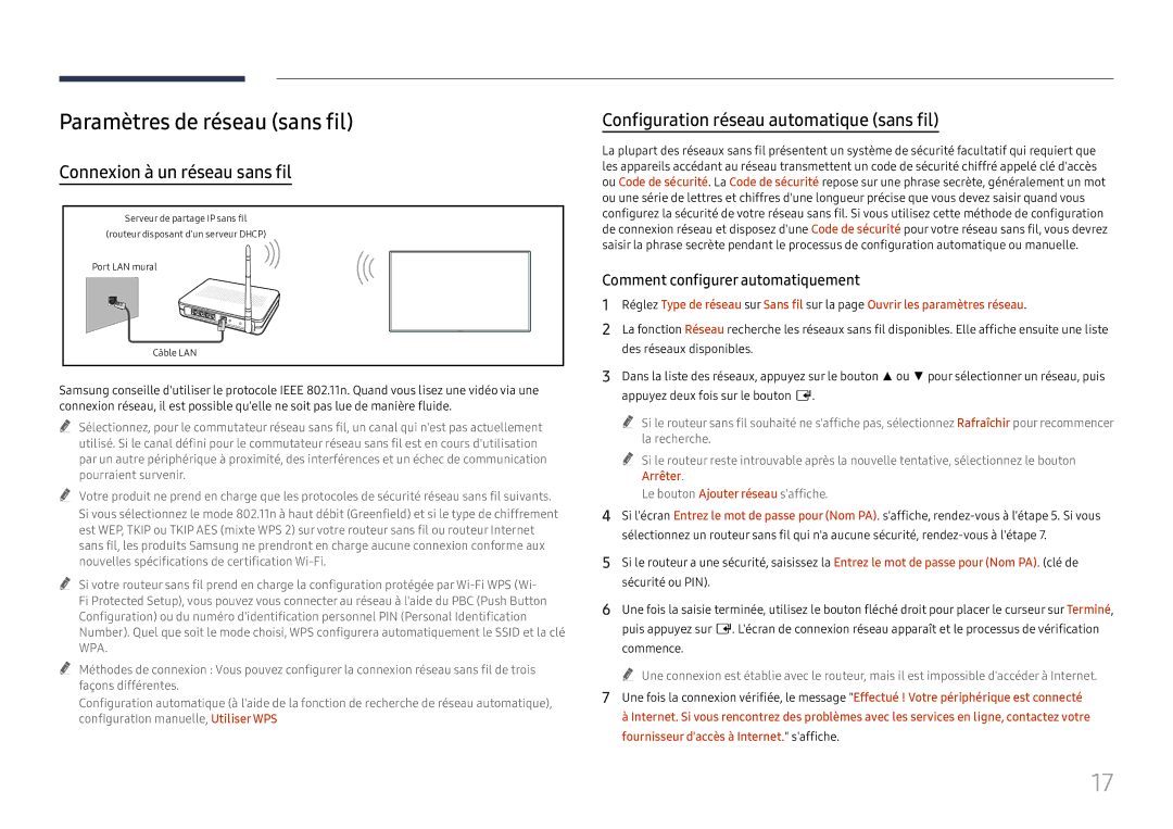 Samsung LH55WMHPTWC/EN manual Paramètres de réseau sans fil, Connexion à un réseau sans fil, Arrêter 