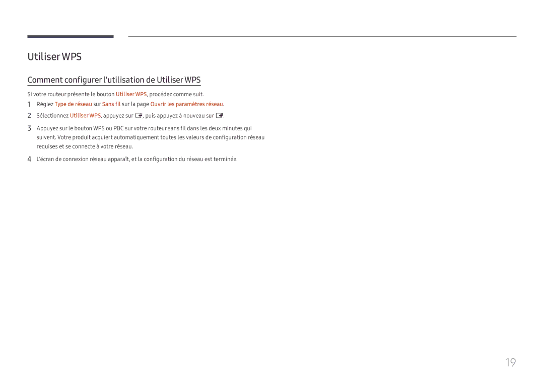 Samsung LH55WMHPTWC/EN manual Comment configurer lutilisation de Utiliser WPS 