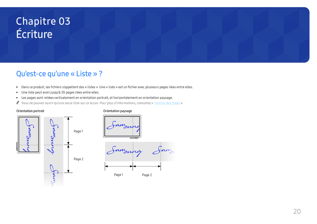 Samsung LH55WMHPTWC/EN manual Écriture, Qu’est-ce qu’une « Liste » ?, Orientation portrait 