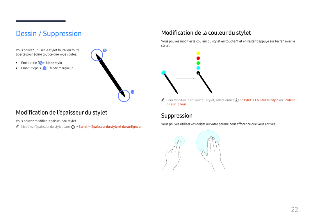 Samsung LH55WMHPTWC/EN Dessin / Suppression, Modification de l’épaisseur du stylet, Modification de la couleur du stylet 