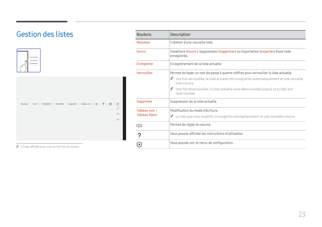 Samsung LH55WMHPTWC/EN manual Gestion des listes 