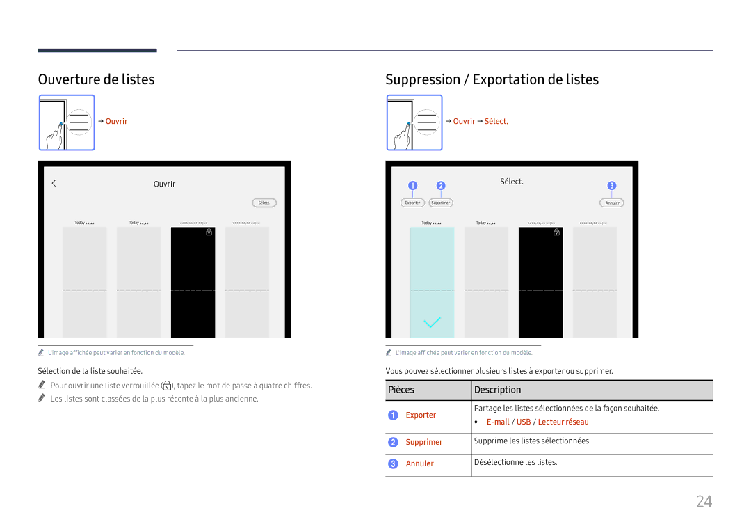 Samsung LH55WMHPTWC/EN manual Ouverture de listes, Suppression / Exportation de listes 