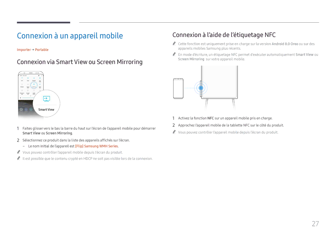 Samsung LH55WMHPTWC/EN manual Connexion à un appareil mobile, Importer → Portable, Smart View ou Screen Mirroring 