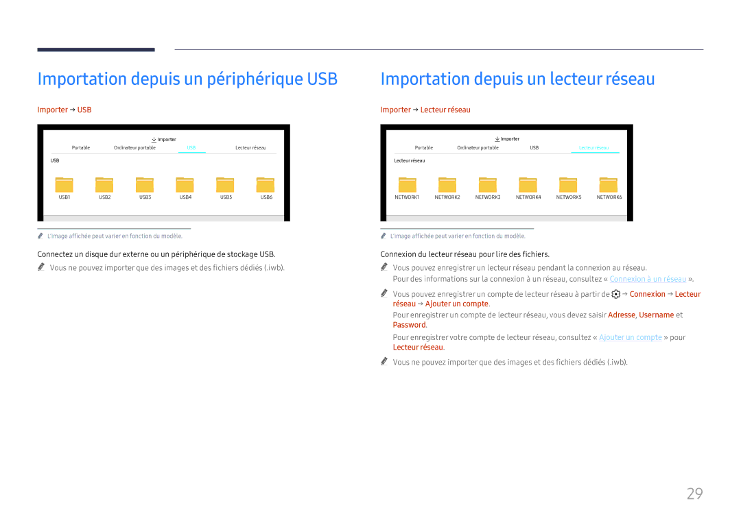 Samsung LH55WMHPTWC/EN manual Importation depuis un lecteur réseau, Importer → USB, Importer → Lecteur réseau 