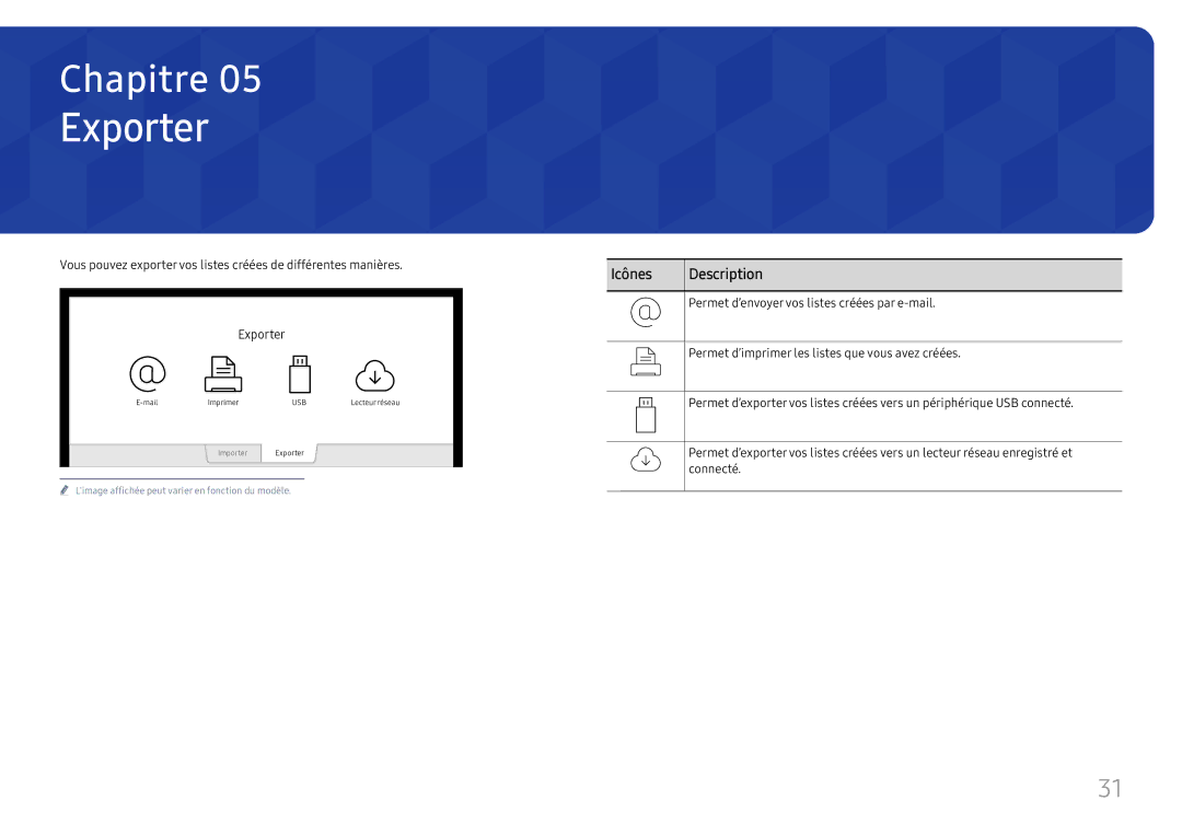 Samsung LH55WMHPTWC/EN manual Exporter, Permet d’envoyer vos listes créées par e-mail 