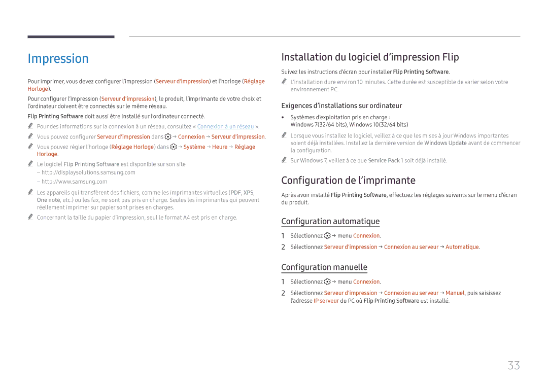 Samsung LH55WMHPTWC/EN manual Impression, Installation du logiciel d’impression Flip, Configuration de l’imprimante 