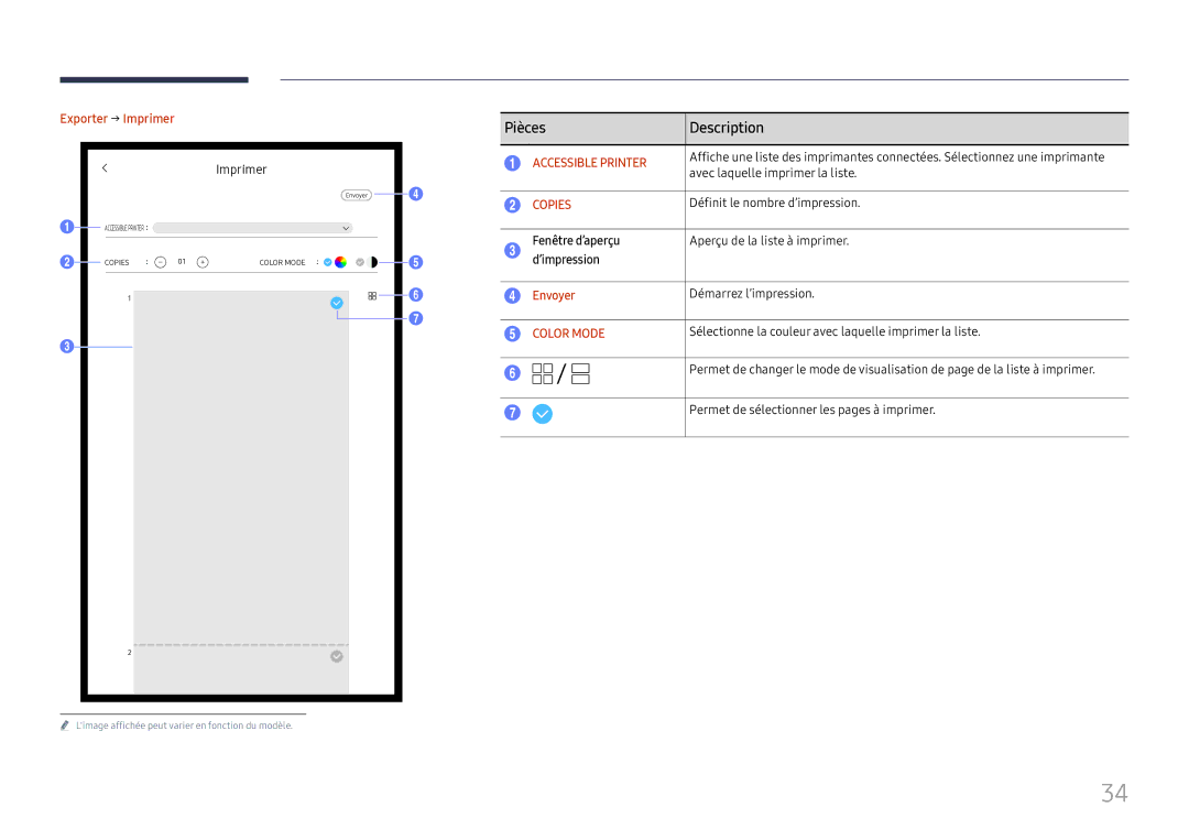 Samsung LH55WMHPTWC/EN manual Exporter → Imprimer, Fenêtre d’aperçu, ’impression 