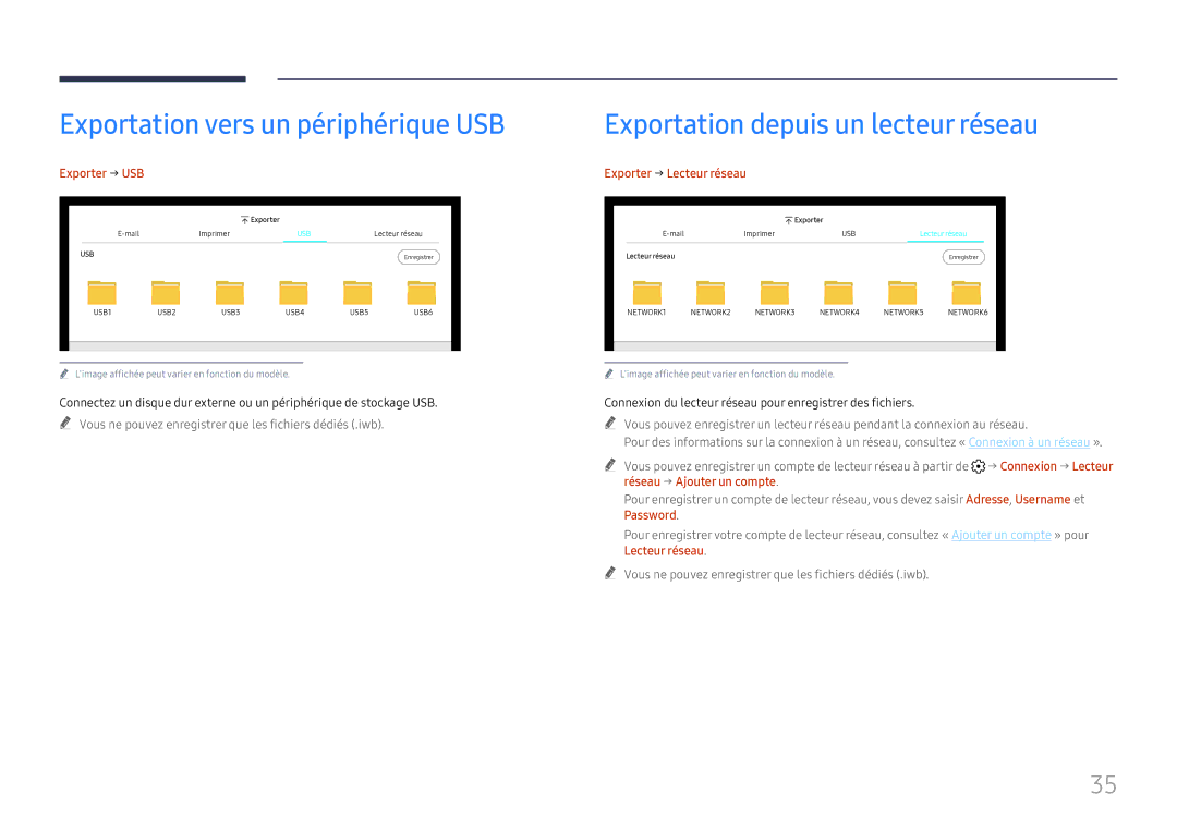 Samsung LH55WMHPTWC/EN manual Exportation vers un périphérique USB, Exportation depuis un lecteur réseau, Exporter → USB 