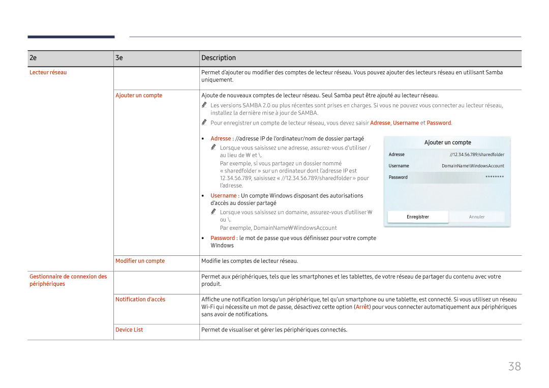 Samsung LH55WMHPTWC/EN manual Lecteur réseau, Ajouter un compte, Modifier un compte, Périphériques, Notification daccès 