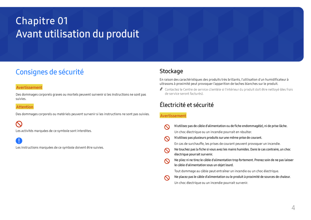 Samsung LH55WMHPTWC/EN manual Avant utilisation du produit, Consignes de sécurité, Stockage, Électricité et sécurité 