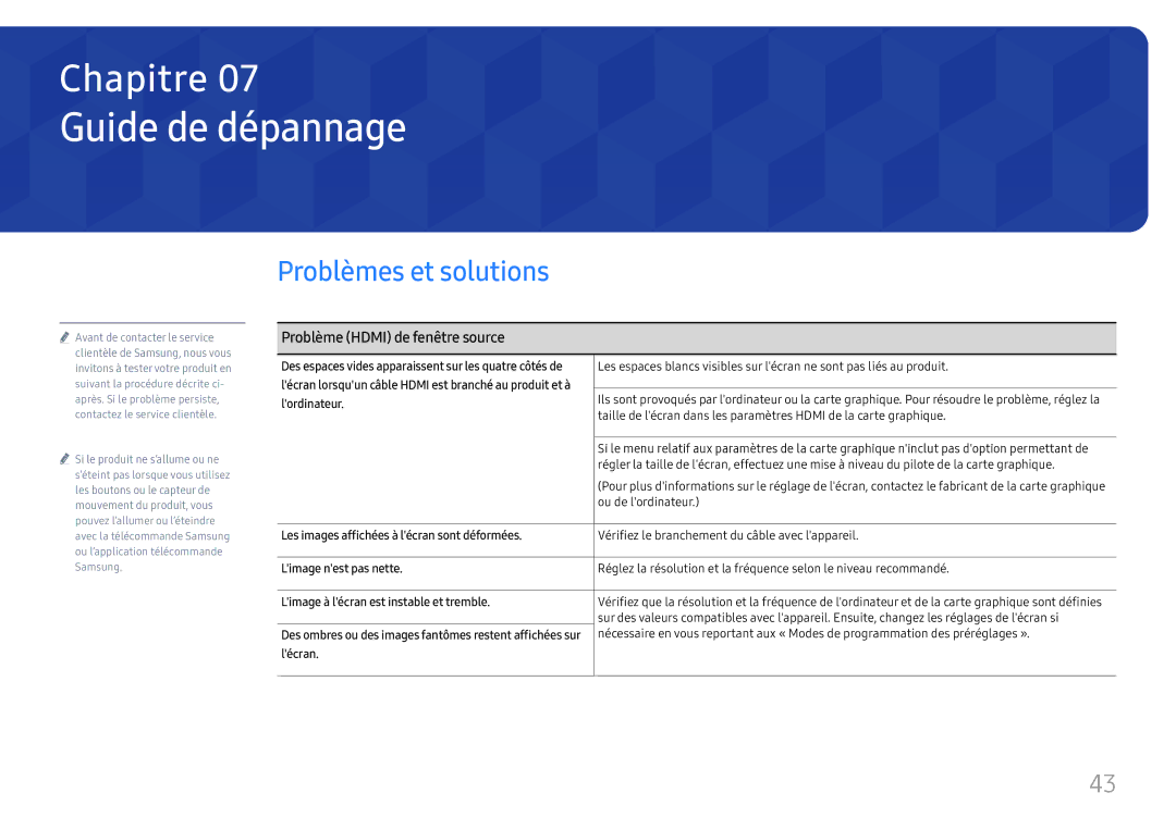 Samsung LH55WMHPTWC/EN manual Guide de dépannage, Problèmes et solutions, Problème Hdmi de fenêtre source 