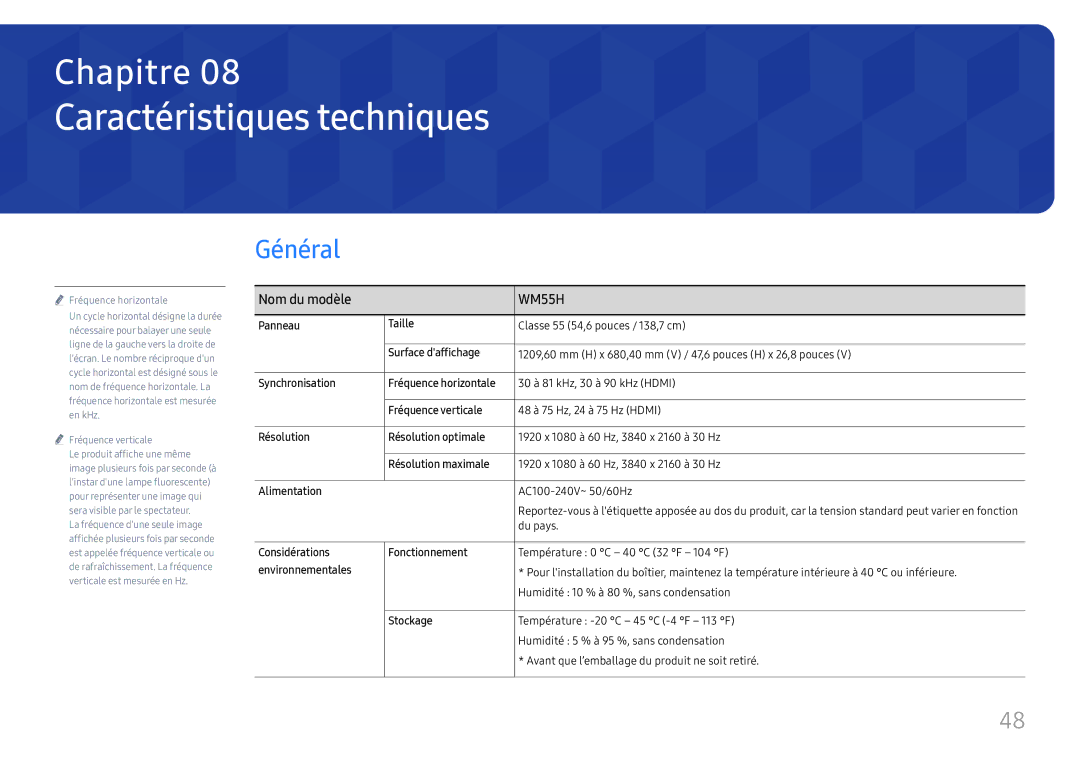 Samsung LH55WMHPTWC/EN manual Caractéristiques techniques, Général, Nom du modèle 