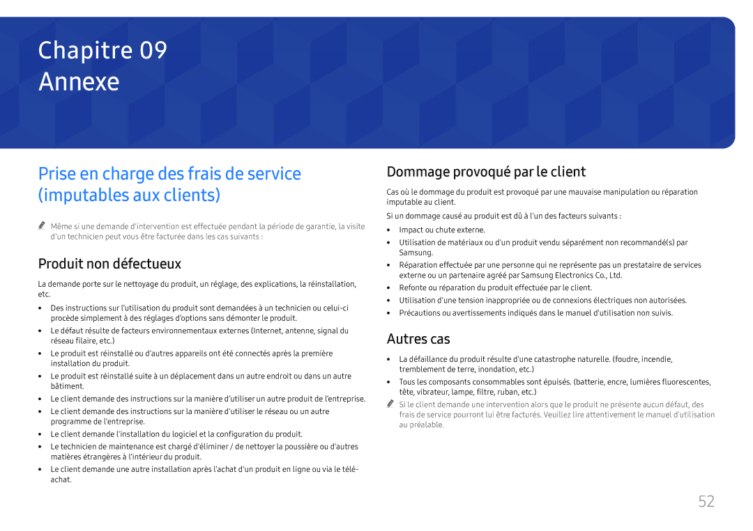 Samsung LH55WMHPTWC/EN manual Annexe, Produit non défectueux, Dommage provoqué par le client, Autres cas 