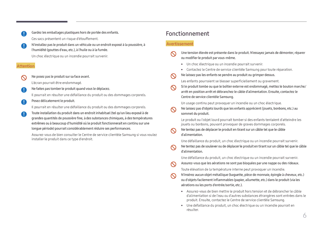 Samsung LH55WMHPTWC/EN manual Fonctionnement, Gardez les emballages plastiques hors de portée des enfants 