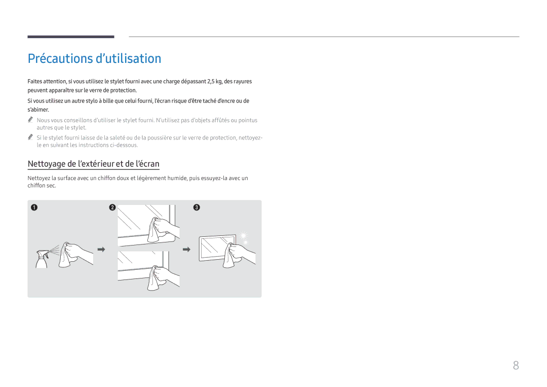 Samsung LH55WMHPTWC/EN manual Précautions d’utilisation, Nettoyage de l’extérieur et de l’écran 