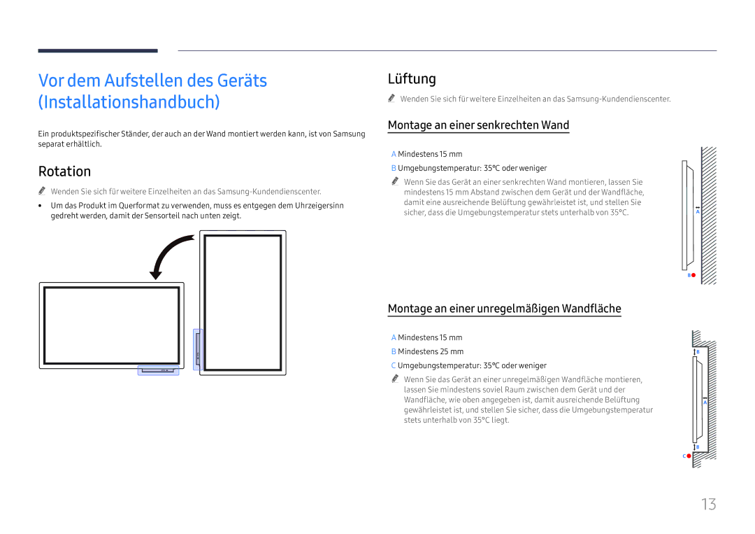 Samsung LH55WMHPTWC/EN Rotation, Lüftung, Montage an einer senkrechten Wand, Montage an einer unregelmäßigen Wandfläche 