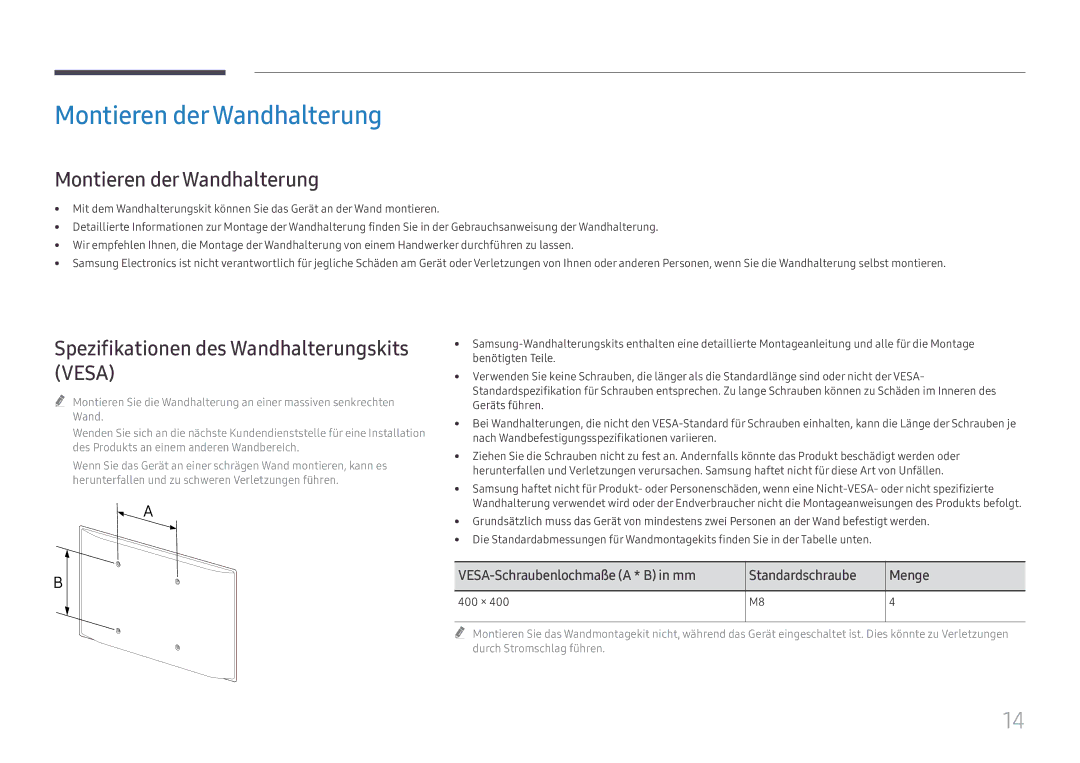 Samsung LH55WMHPTWC/EN manual Montieren derWandhalterung, Montieren der Wandhalterung, 400 × 