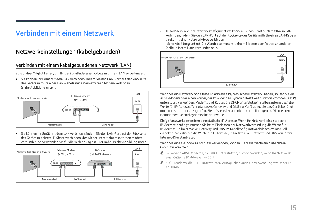 Samsung LH55WMHPTWC/EN manual Verbinden mit einem Netzwerk, Netzwerkeinstellungen kabelgebunden, Siehe Abbildung unten 