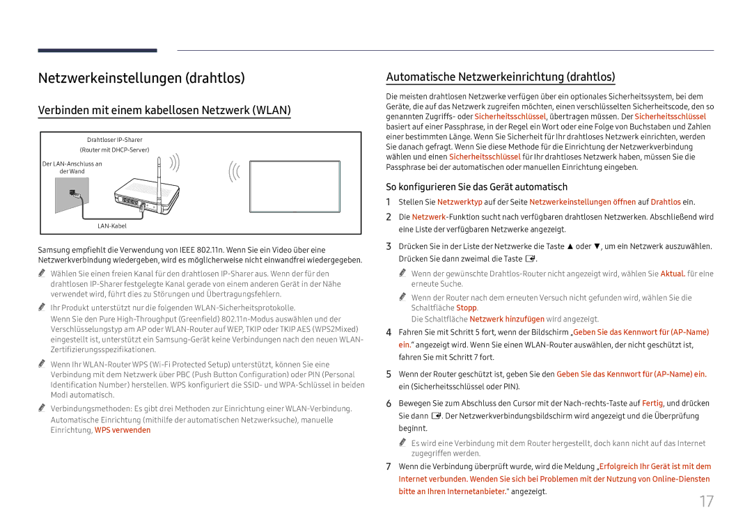 Samsung LH55WMHPTWC/EN manual Netzwerkeinstellungen drahtlos, Verbinden mit einem kabellosen Netzwerk Wlan 