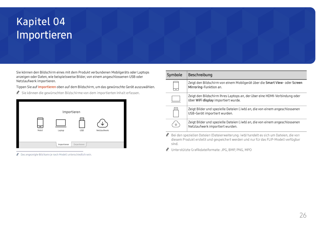 Samsung LH55WMHPTWC/EN manual Importieren, Symbole Beschreibung 