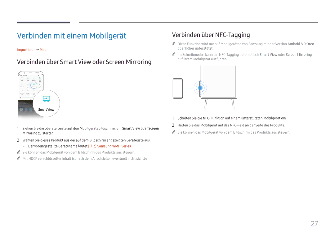 Samsung LH55WMHPTWC/EN manual Verbinden mit einem Mobilgerät, Importieren → Mobil 