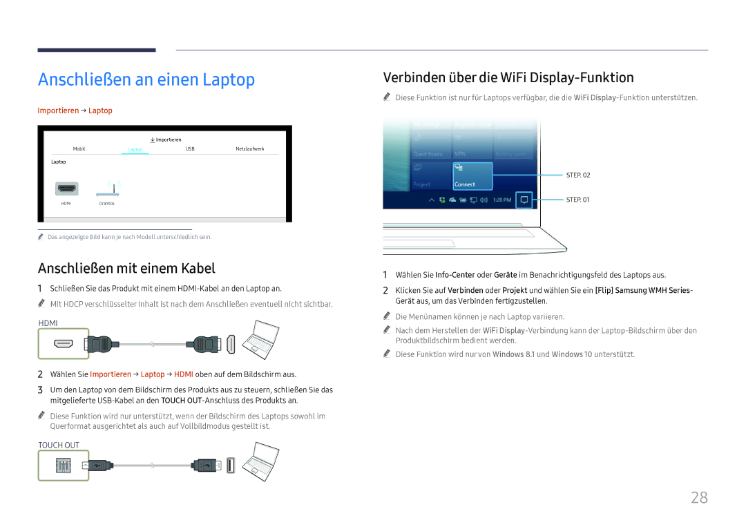 Samsung LH55WMHPTWC/EN Anschließen an einen Laptop, Anschließen mit einem Kabel, Verbinden über die WiFi Display-Funktion 