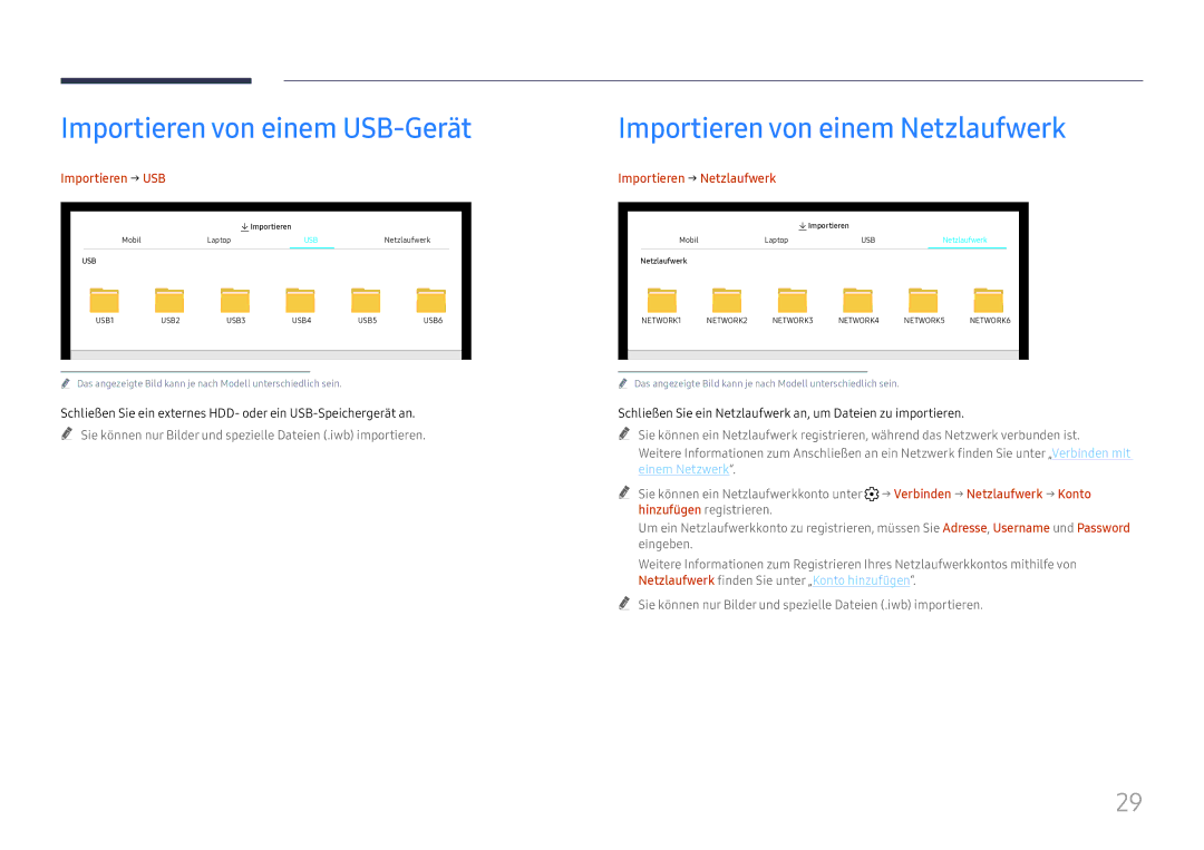 Samsung LH55WMHPTWC/EN manual Importieren von einem USB-Gerät, Importieren von einem Netzlaufwerk, Importieren → USB 