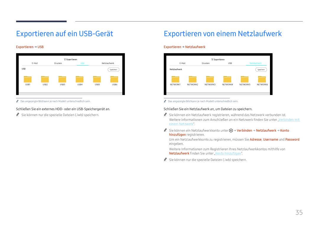 Samsung LH55WMHPTWC/EN manual Exportieren auf ein USB-Gerät, Exportieren von einem Netzlaufwerk, Exportieren → USB 