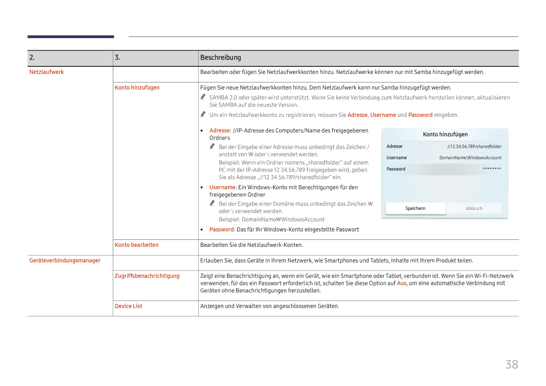 Samsung LH55WMHPTWC/EN manual Netzlaufwerk, Konto hinzufügen, Konto bearbeiten, Geräteverbindungsmanager, Device List 