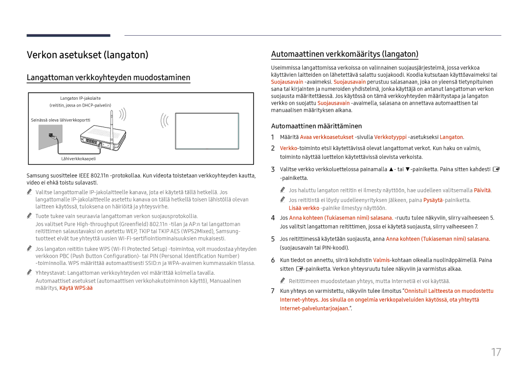 Samsung LH55WMHPTWC/EN manual Verkon asetukset langaton, Langattoman verkkoyhteyden muodostaminen 