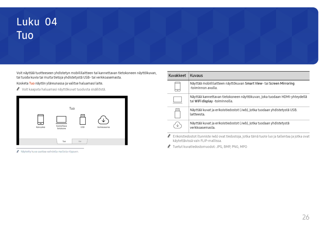 Samsung LH55WMHPTWC/EN manual Tuo, Kuvakkeet Kuvaus 