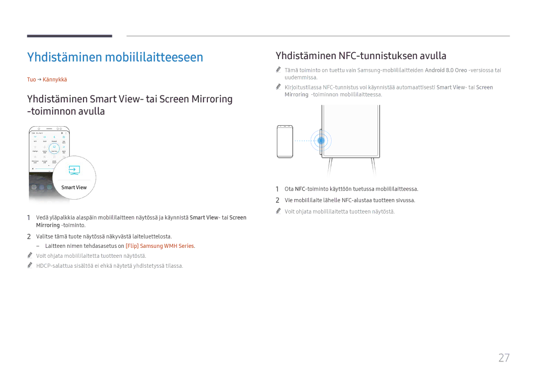 Samsung LH55WMHPTWC/EN manual Yhdistäminen mobiililaitteeseen, Tuo → Kännykkä 