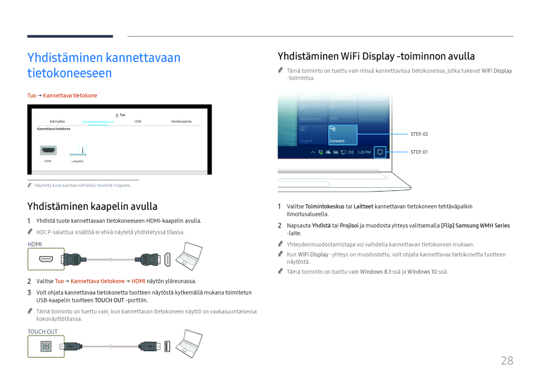 Samsung LH55WMHPTWC/EN manual Yhdistäminen kaapelin avulla, Yhdistäminen WiFi Display -toiminnon avulla 