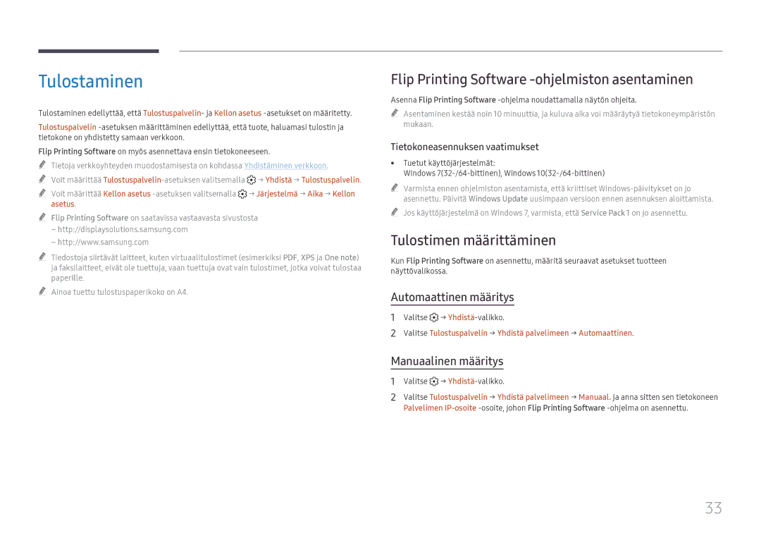 Samsung LH55WMHPTWC/EN manual Tulostaminen, Flip Printing Software -ohjelmiston asentaminen, Tulostimen määrittäminen 