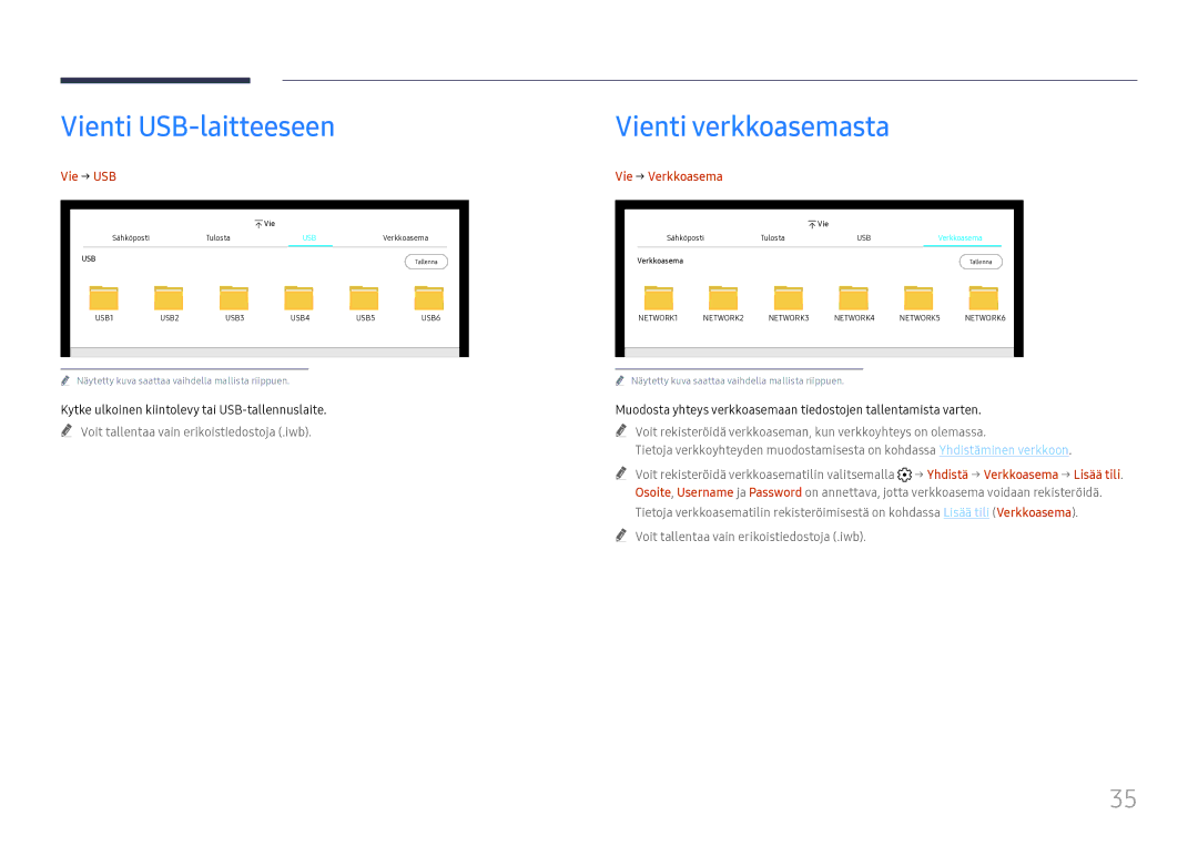 Samsung LH55WMHPTWC/EN manual Vienti USB-laitteeseen, Vienti verkkoasemasta, Vie → USB, Vie → Verkkoasema 