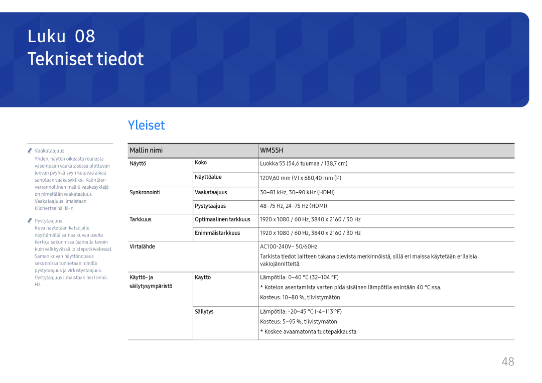 Samsung LH55WMHPTWC/EN manual Tekniset tiedot, Yleiset, Mallin nimi 